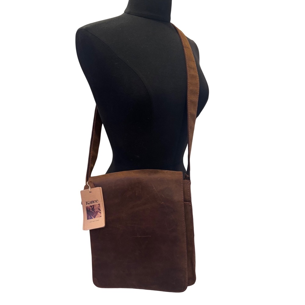 Kattee Brown Crazy Horse Leather Messenger Bag Crossbody Satchel NOS 11x9.5x3